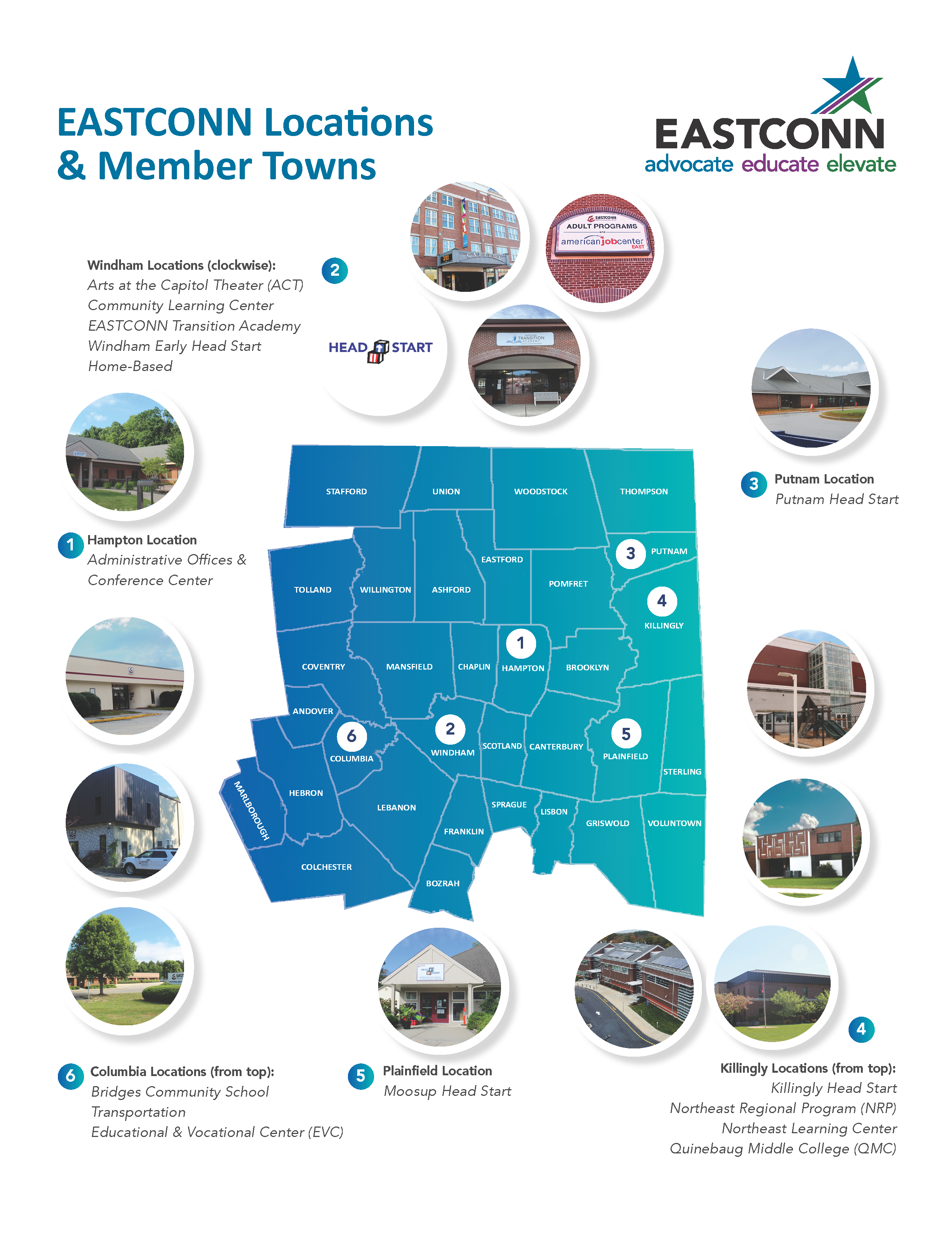 Map of northeastern Connecticut towns with EASTCONN locations depicted. This information can also be found here: https://www.eastconn.org/our-agency/locations 